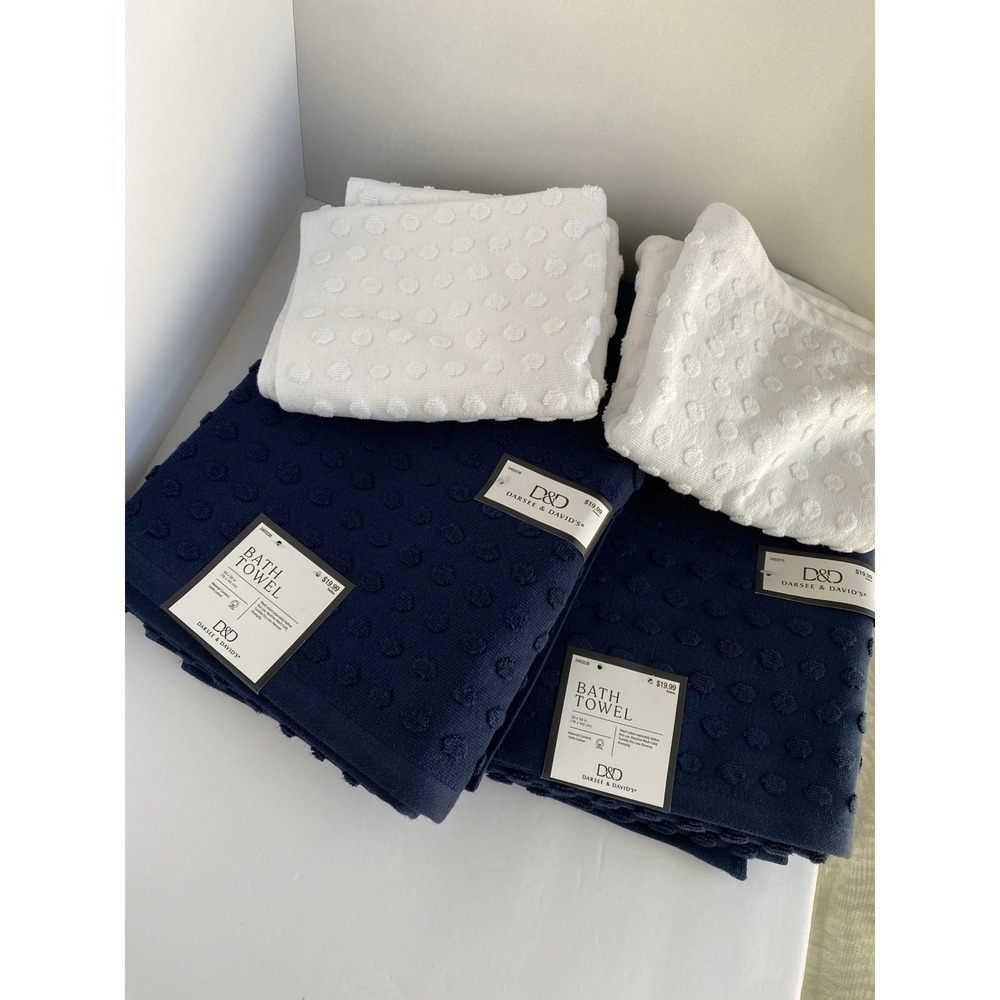 Darsee & David's D&D Set Of 2 Navy Blue Bath Towls 30x56 & 2 White Hand Towells